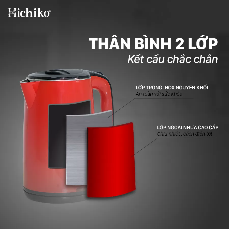 Ấm Đun Nước, Đun Siêu Tốc Hichiko HC - 818, dày 2 lớp dung tích 1,8L