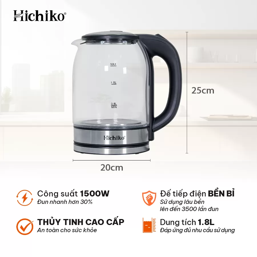 Ấm siêu tốc thuỷ tinh hiện đại Hichiko 1.8L HC-819
