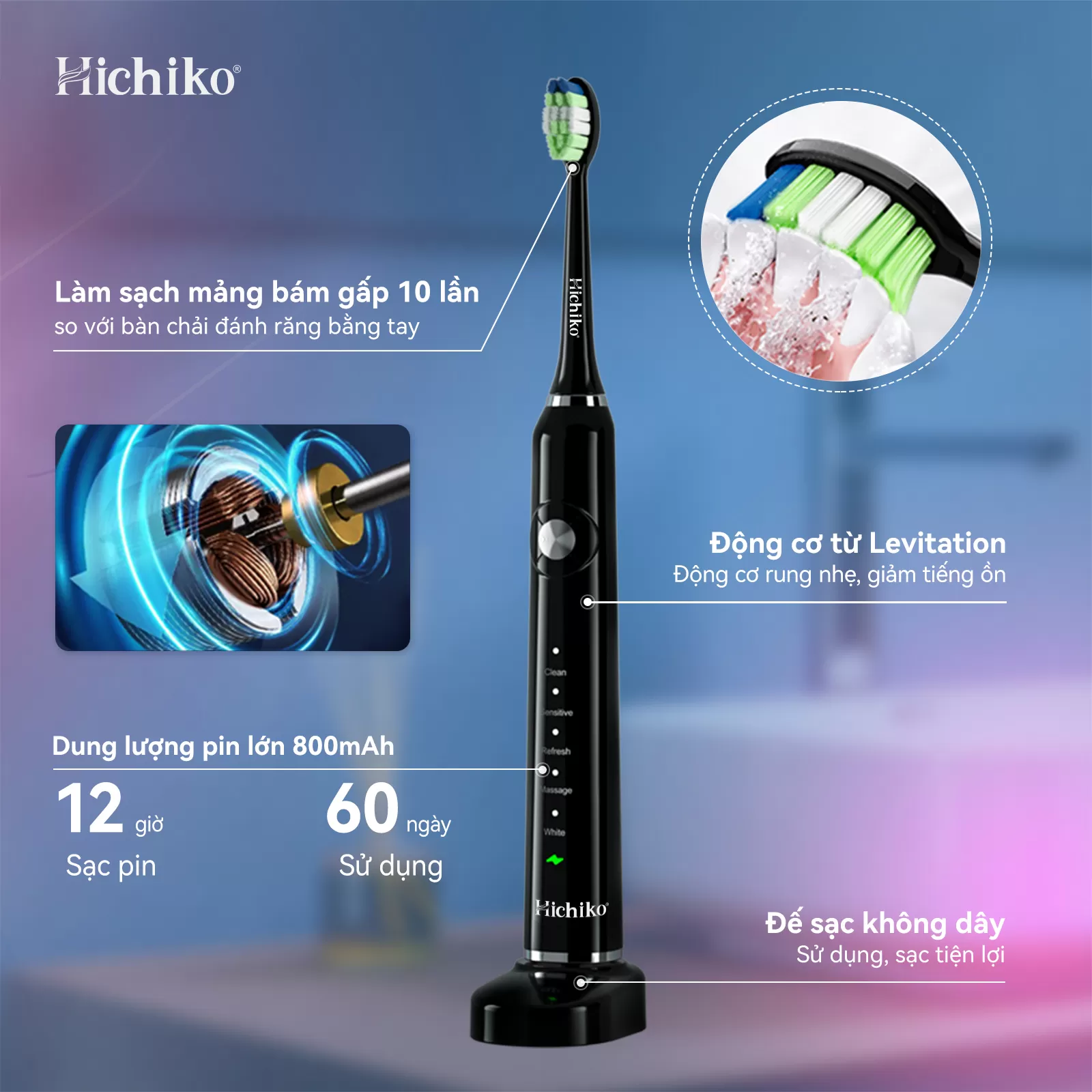 Bàn chải đánh răng điện Hichiko HC9801 5 chế độ, Công Nghệ Sóng Âm, Chải Sạch Mảng Bám Tới 10X