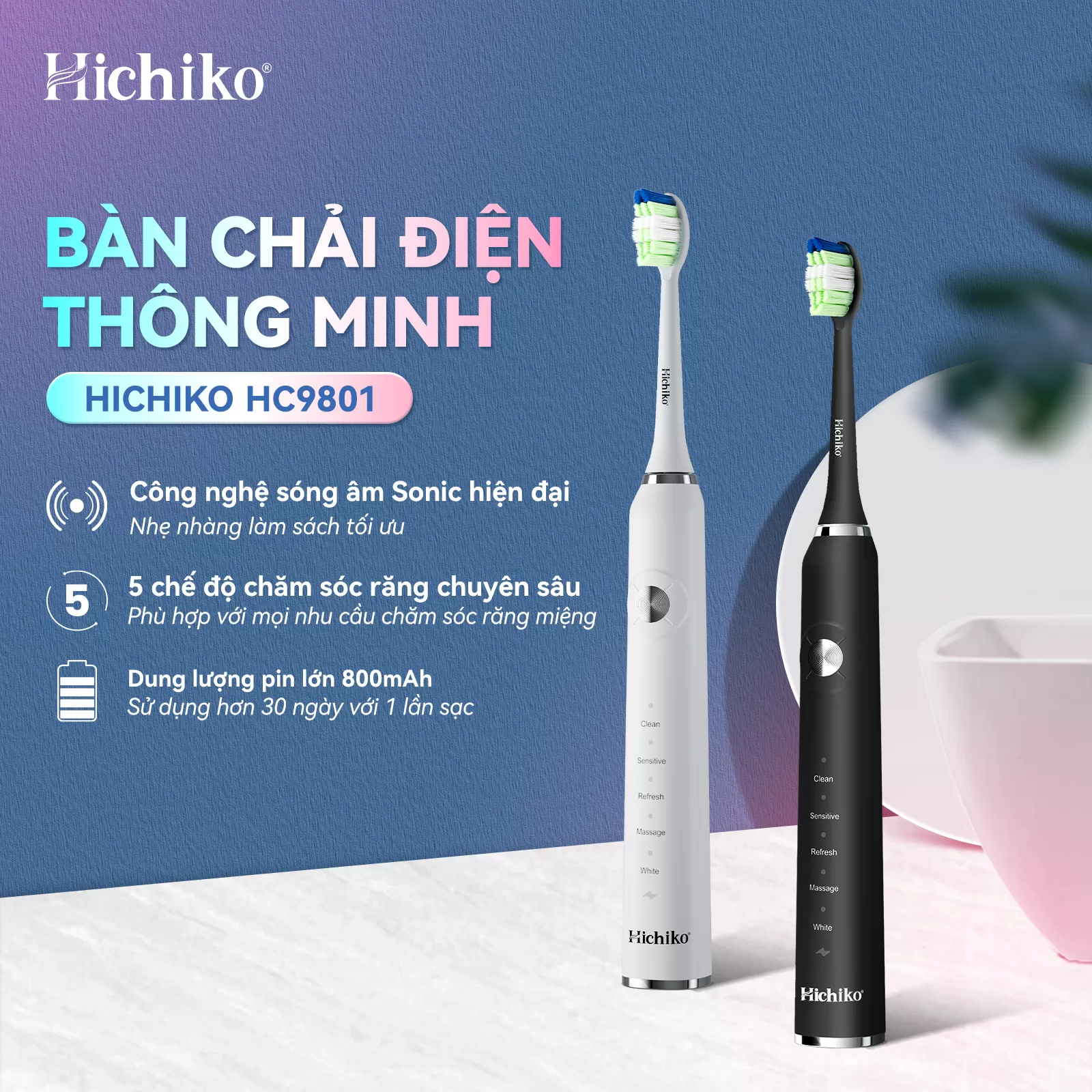Bàn chải đánh răng điện Hichiko HC9801 5 chế độ, Công Nghệ Sóng Âm, Chải Sạch Mảng Bám Tới 10X