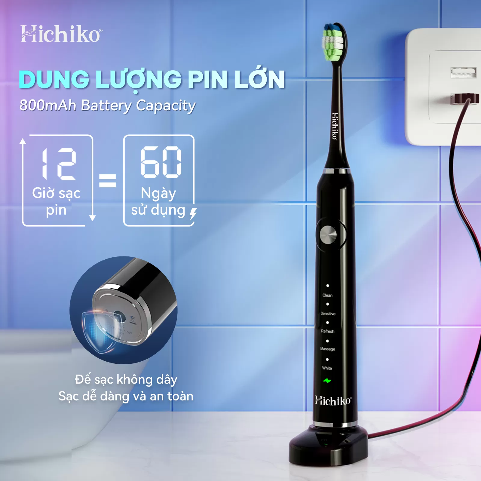 Bàn chải đánh răng điện Hichiko HC9801 5 chế độ, Công Nghệ Sóng Âm, Chải Sạch Mảng Bám Tới 10X