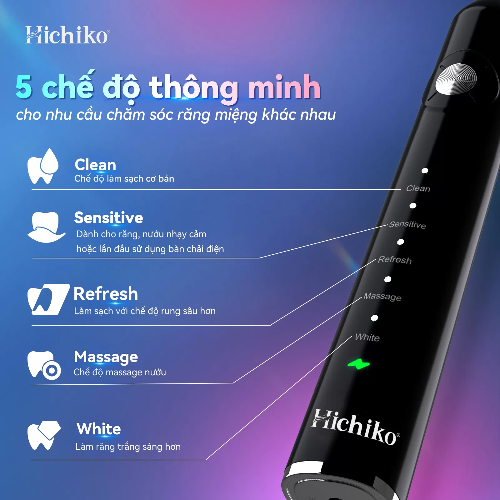 Bàn chải đánh răng điện Hichiko HC9801 5 chế độ, Công Nghệ Sóng Âm, Chải Sạch Mảng Bám Tới 10X