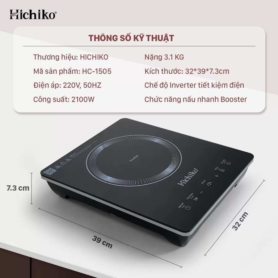 [Tặng nồi từ 30cm] Bếp từ đơn Hichiko HC-1505i, công suất 2100W, Inverter tiết kiệm điện