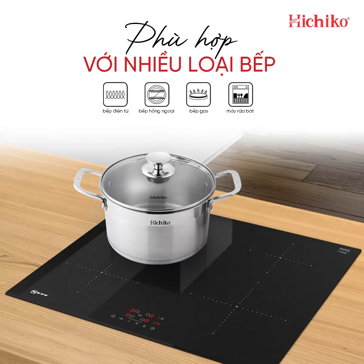 Bộ nồi inox 304 ĐÁY TỪ 5 lớp Hichiko HC1323X2022OL, kích thước 20 - 22 - 24cm, dùng mọi loại bếp