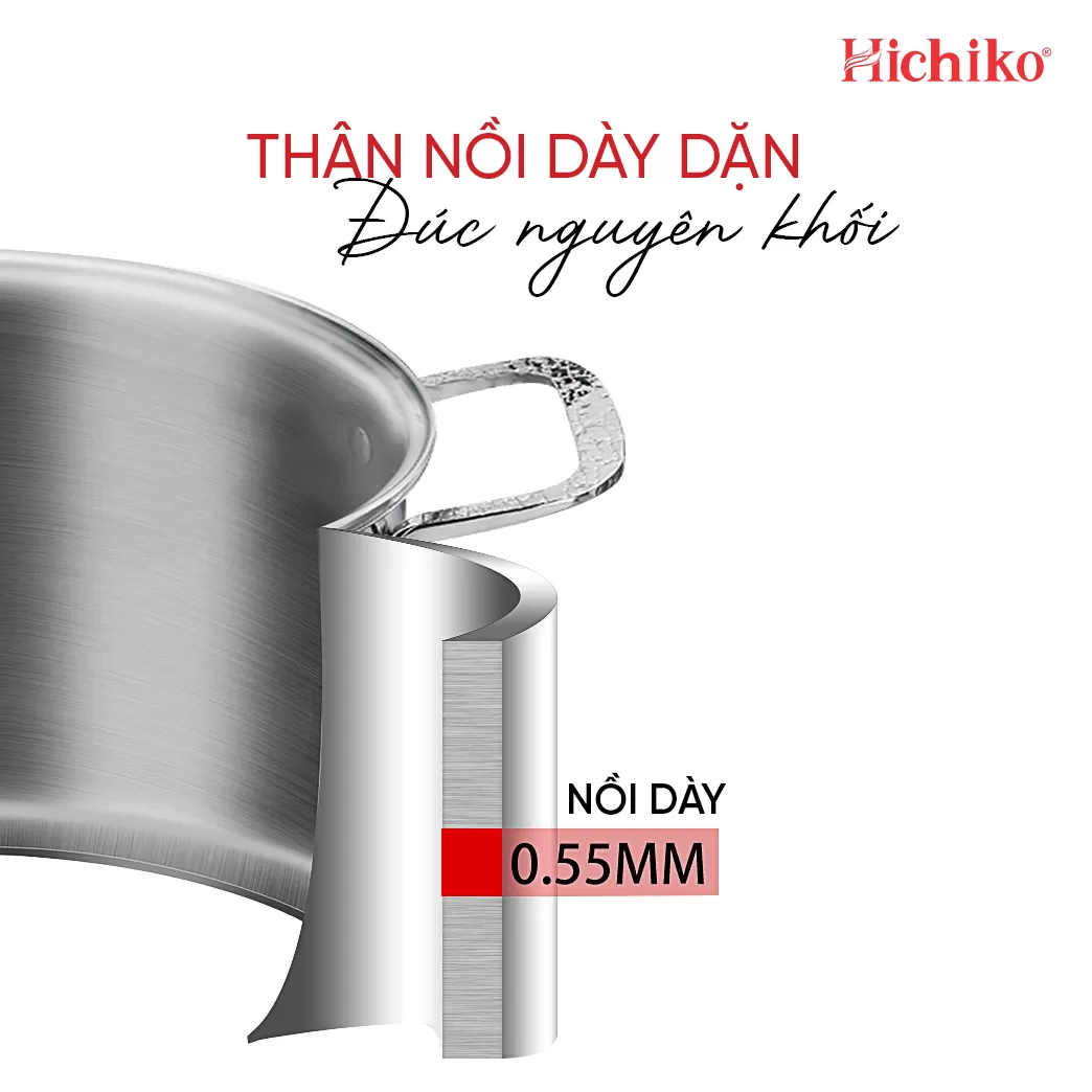 Bộ nồi inox 304 ĐÁY TỪ 5 lớp Hichiko HC1323X2022OL, kích thước 20 - 22 - 24cm, dùng mọi loại bếp