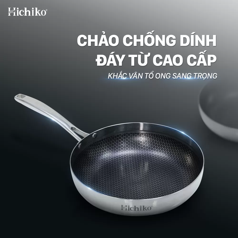 Chảo nguyên khối inox chống dính ĐÁY TỪ vân tổ ong Hichiko 8122NK size 22-24-26-28cm, dùng mọị loại bếp