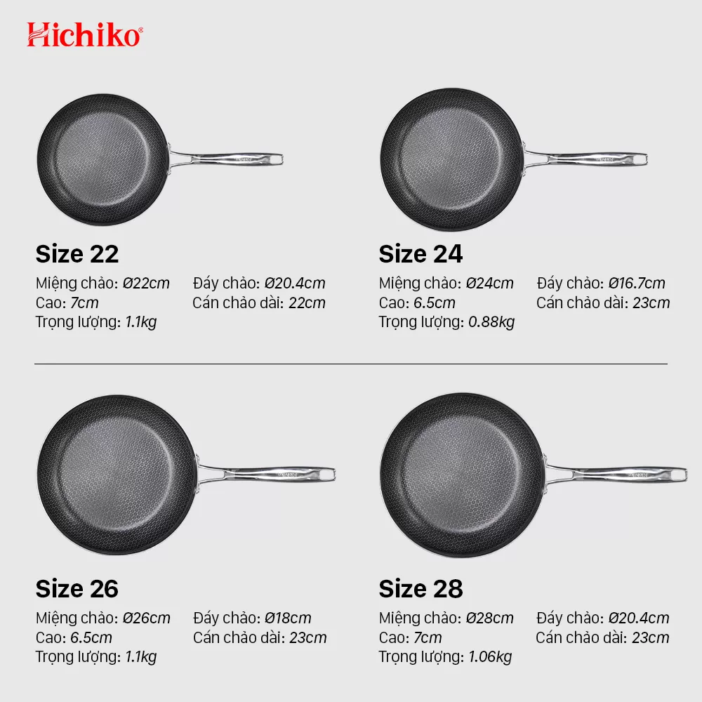 Chảo nguyên khối inox chống dính ĐÁY TỪ vân tổ ong Hichiko 8122NK size 22-24-26-28cm, dùng mọị loại bếp