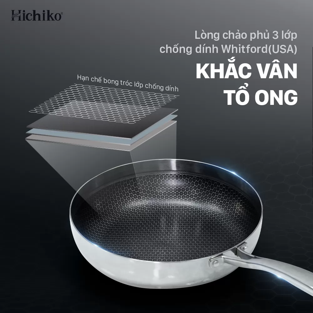 Chảo nguyên khối inox chống dính ĐÁY TỪ vân tổ ong Hichiko 8122NK size 22-24-26-28cm, dùng mọị loại bếp