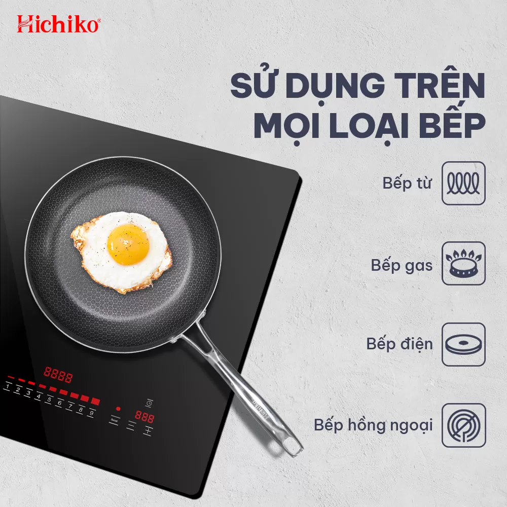 Chảo nguyên khối inox chống dính ĐÁY TỪ vân tổ ong Hichiko 8122NK size 22-24-26-28cm, dùng mọị loại bếp