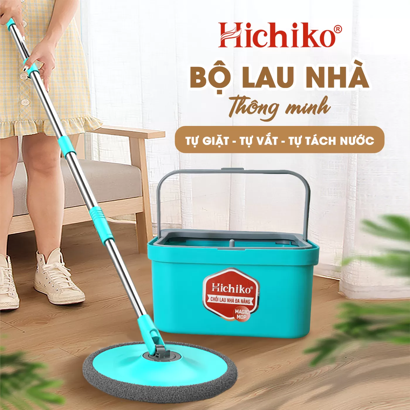 Chổi lau nhà tách riêng nước sạch/ bẩn xoay 360 Hichiko HC-5103
