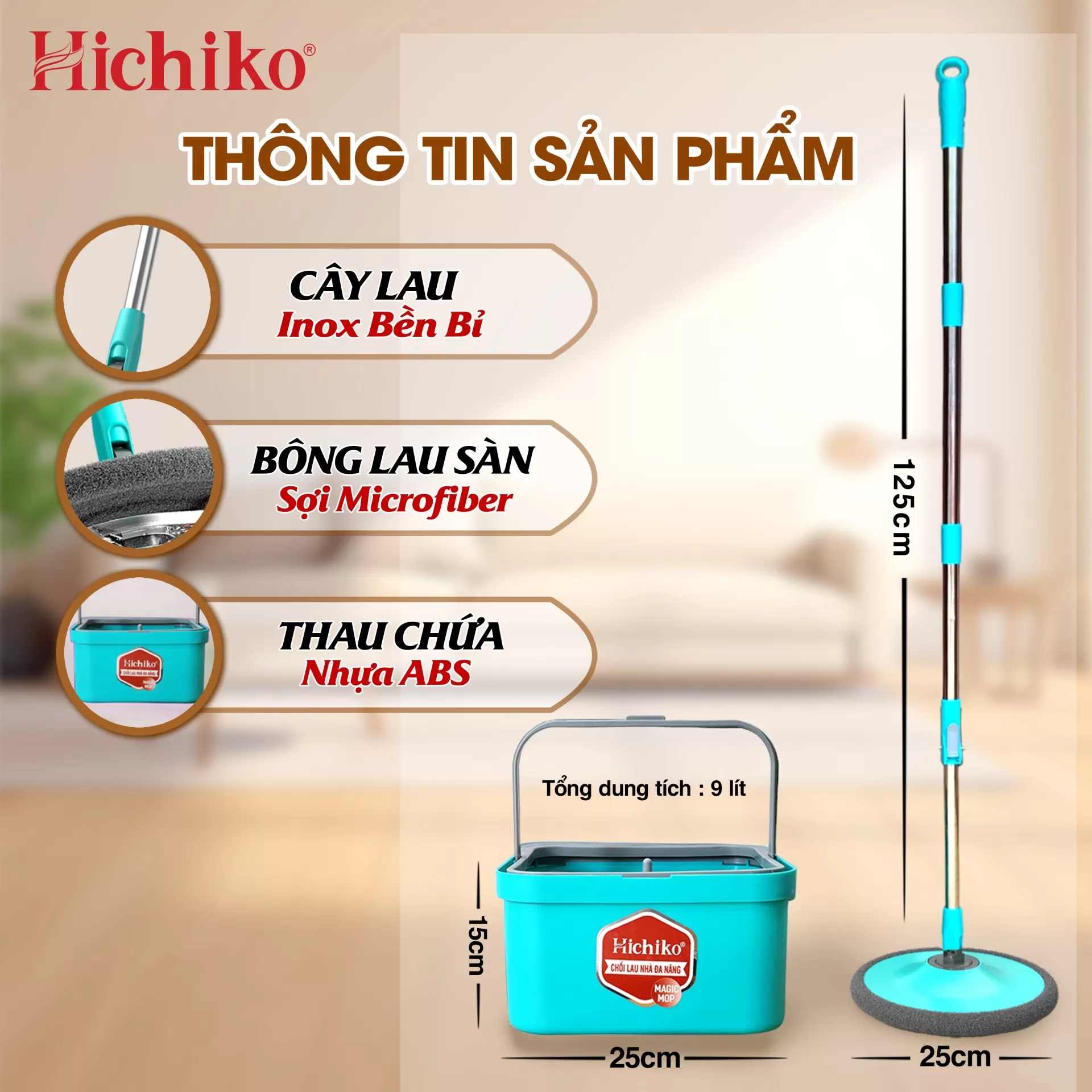 Chổi lau nhà tách riêng nước sạch/ bẩn xoay 360 Hichiko HC-5103