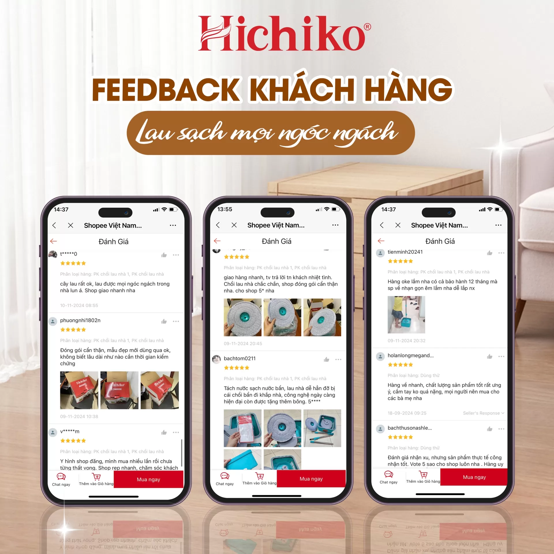 Chổi lau nhà tách riêng nước sạch/ bẩn xoay 360 Hichiko HC-5103