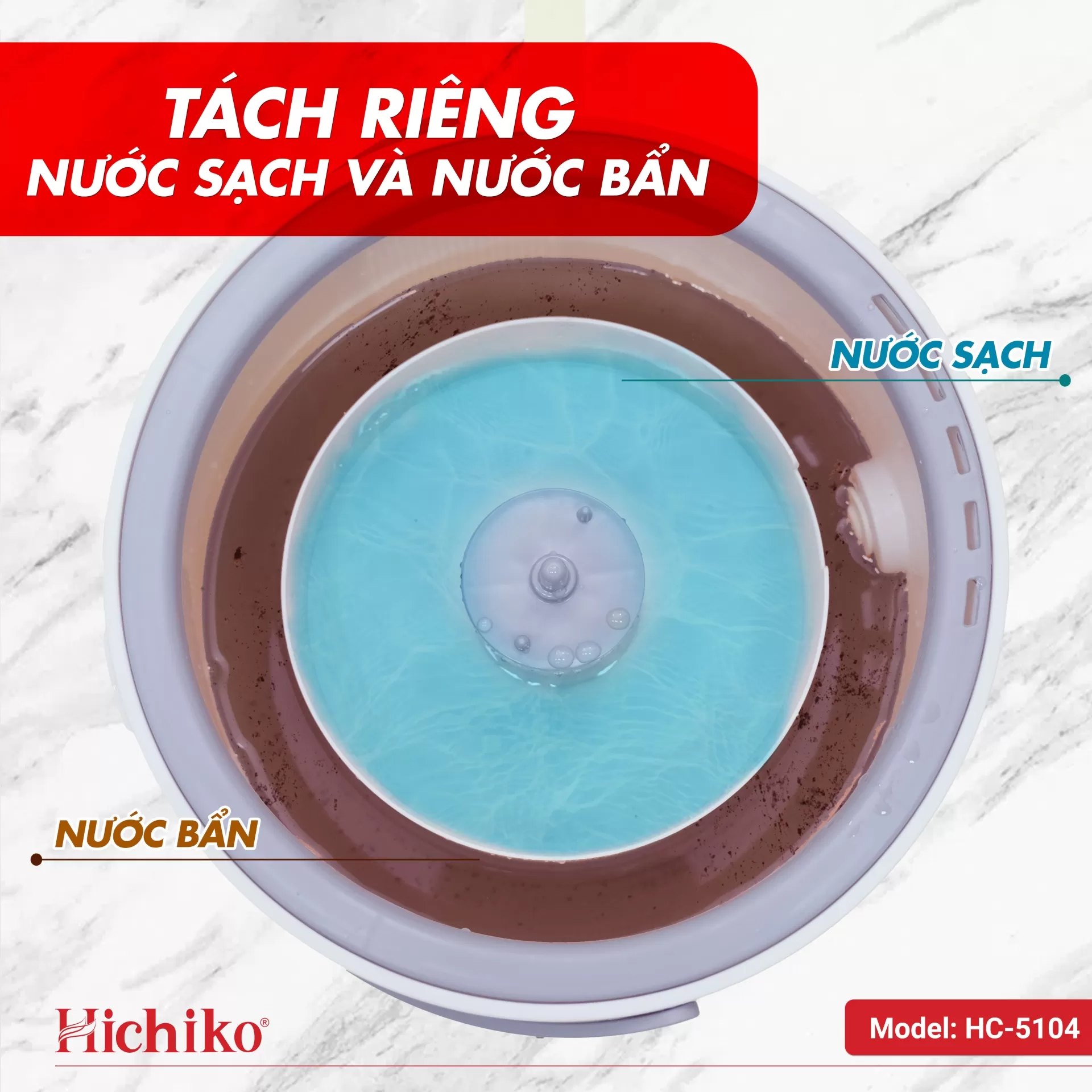[Tặng 01 bông lau nhà] Cây lau nhà tròn Hichiko HC - 5104 siêu gọn nhẹ tự tách nước sạch, bẩn