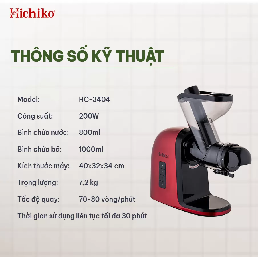 Máy ép chậm trục ngang cổ to Hichiko HC - 3404, miệng cối rộng 7.5 cm dễ dàng ép nguyên quả