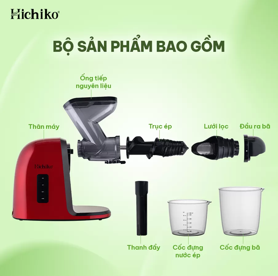 Máy ép chậm trục ngang cổ to Hichiko HC - 3404, miệng cối rộng 7.5 cm dễ dàng ép nguyên quả