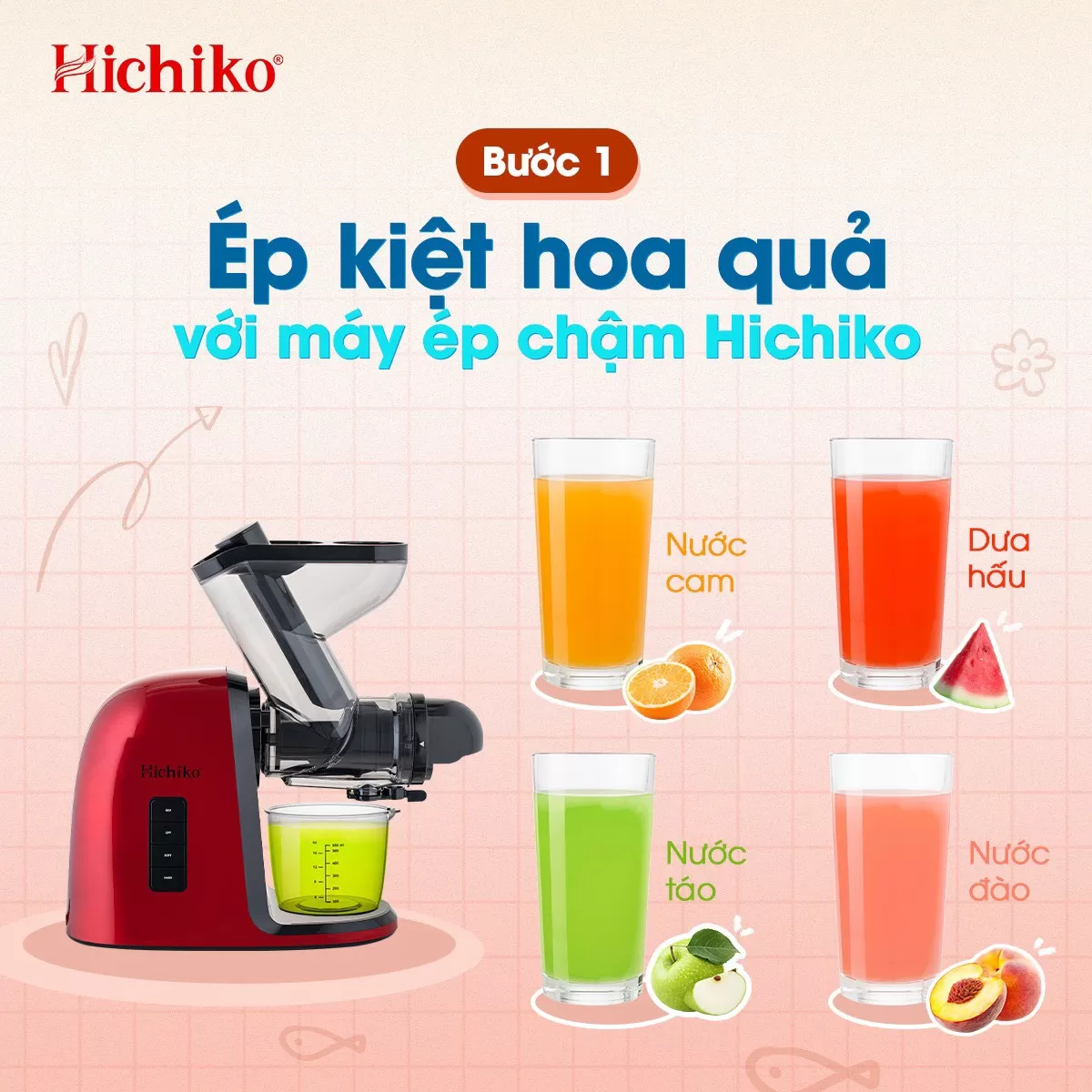 Máy ép chậm trục ngang cổ to Hichiko HC - 3404, miệng cối rộng 7.5 cm dễ dàng ép nguyên quả