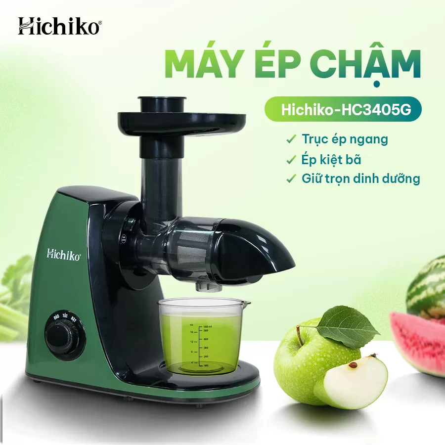 Máy ép chậm trục ngang Hichiko HC3405G công suất 150W, máy ép siêu kiệt bã, giữ dinh dưỡng 98%