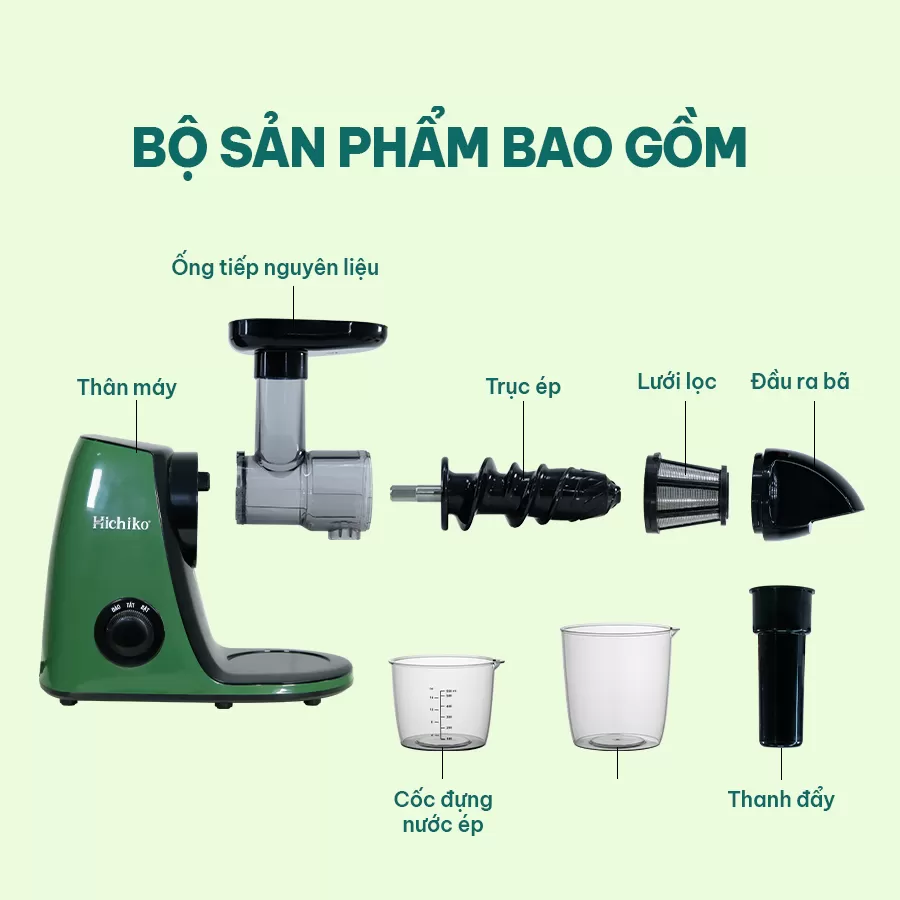 Máy ép chậm trục ngang Hichiko HC3405G công suất 150W, máy ép siêu kiệt bã, giữ dinh dưỡng 98%