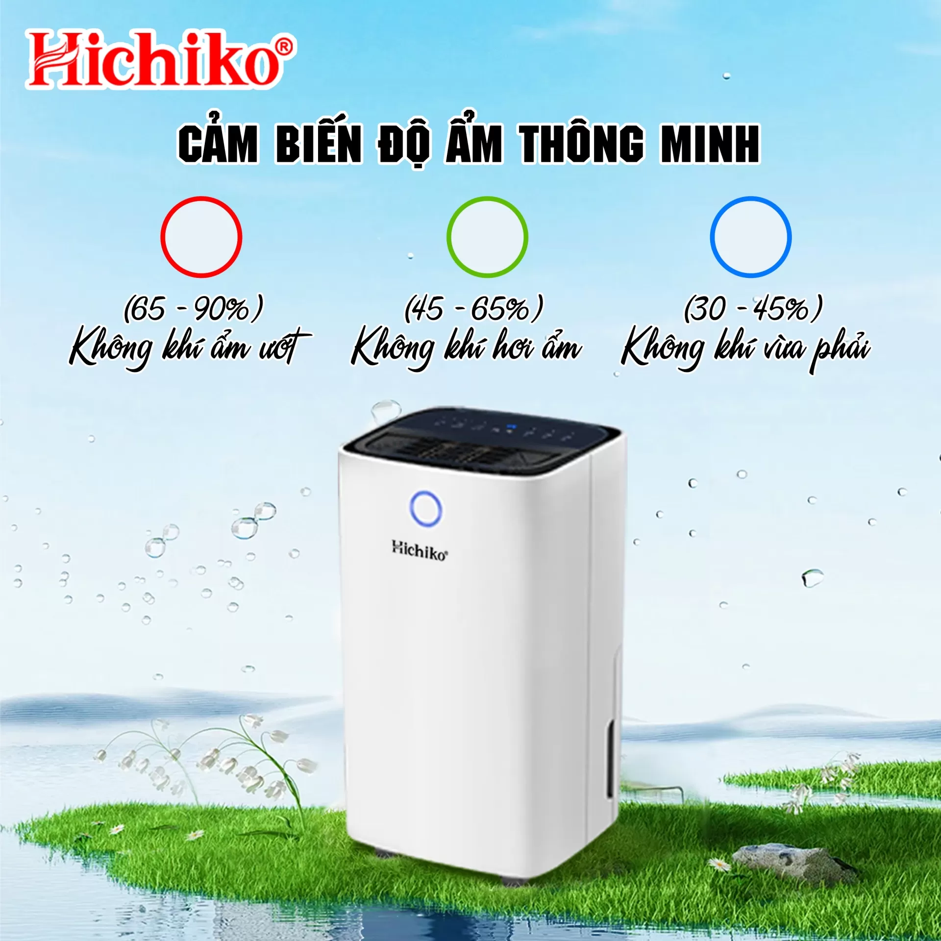Máy hút ẩm Hichiko HC20-DH02 dành cho diện tích từ 20-50m2, công suất hút 20L/ngày, bình chứa 4L