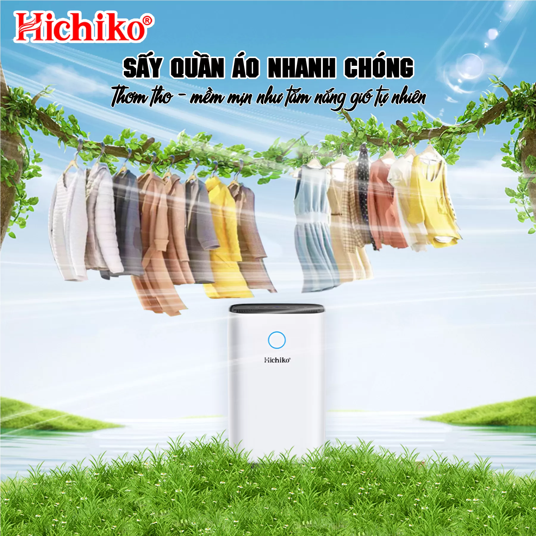 Máy hút ẩm Hichiko HC20-DH02 dành cho diện tích từ 20-50m2, công suất hút 20L/ngày, bình chứa 4L
