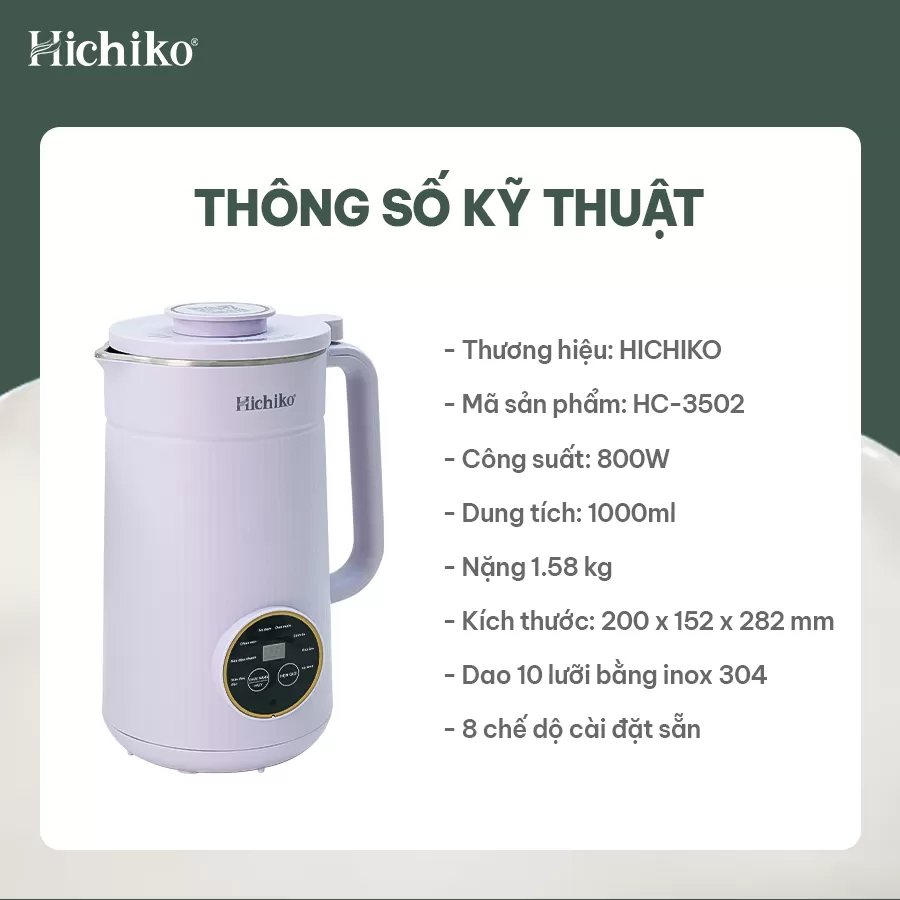 [Tặng công thức sữa hạt] Máy làm sữa hạt 1000ml Hichiko HC - 3502, 8 chức năng nấu đa dạng