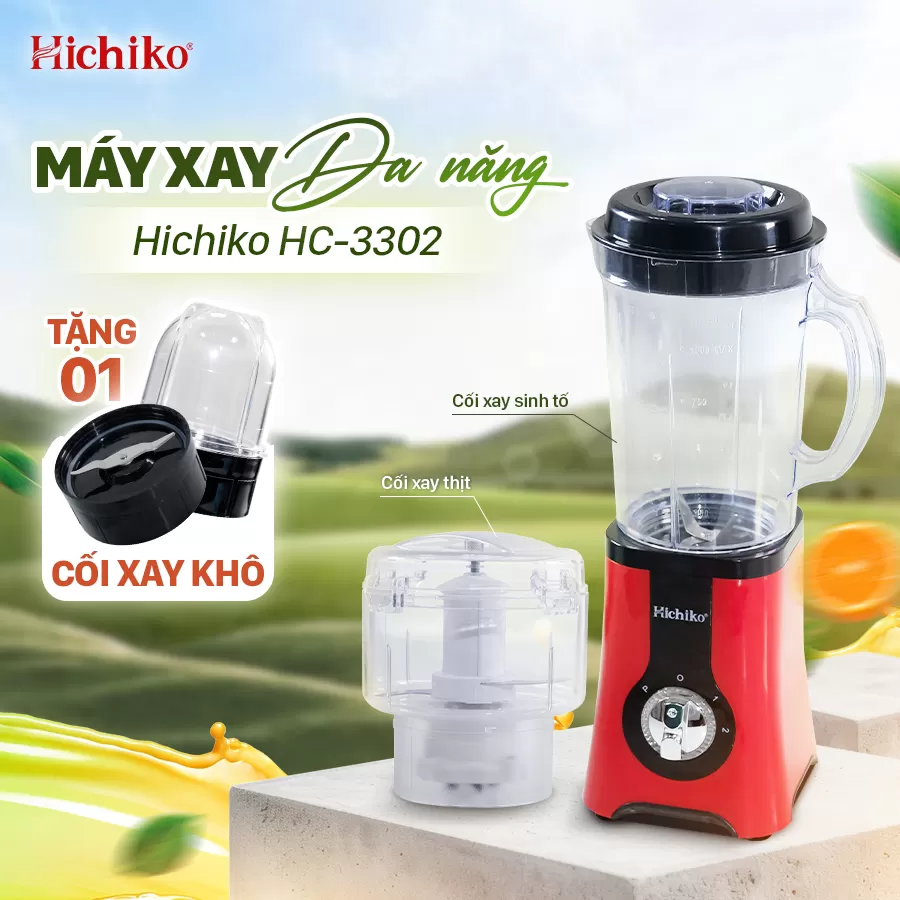 [Tặng kèm 1 cối xay] Máy Xay Sinh Tố đa năng 3 cối xay Hichiko HC3302R, lưỡi Inox xay cực nhuyễn