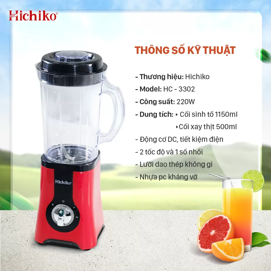 [Tặng kèm 1 cối xay] Máy Xay Sinh Tố đa năng 3 cối xay Hichiko HC3302R, lưỡi Inox xay cực nhuyễn