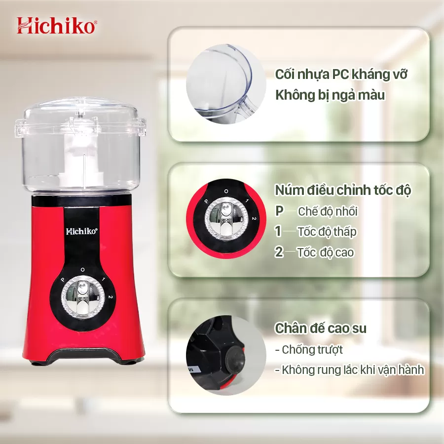 [Tặng kèm 1 cối xay] Máy Xay Sinh Tố đa năng 3 cối xay Hichiko HC3302R, lưỡi Inox xay cực nhuyễn