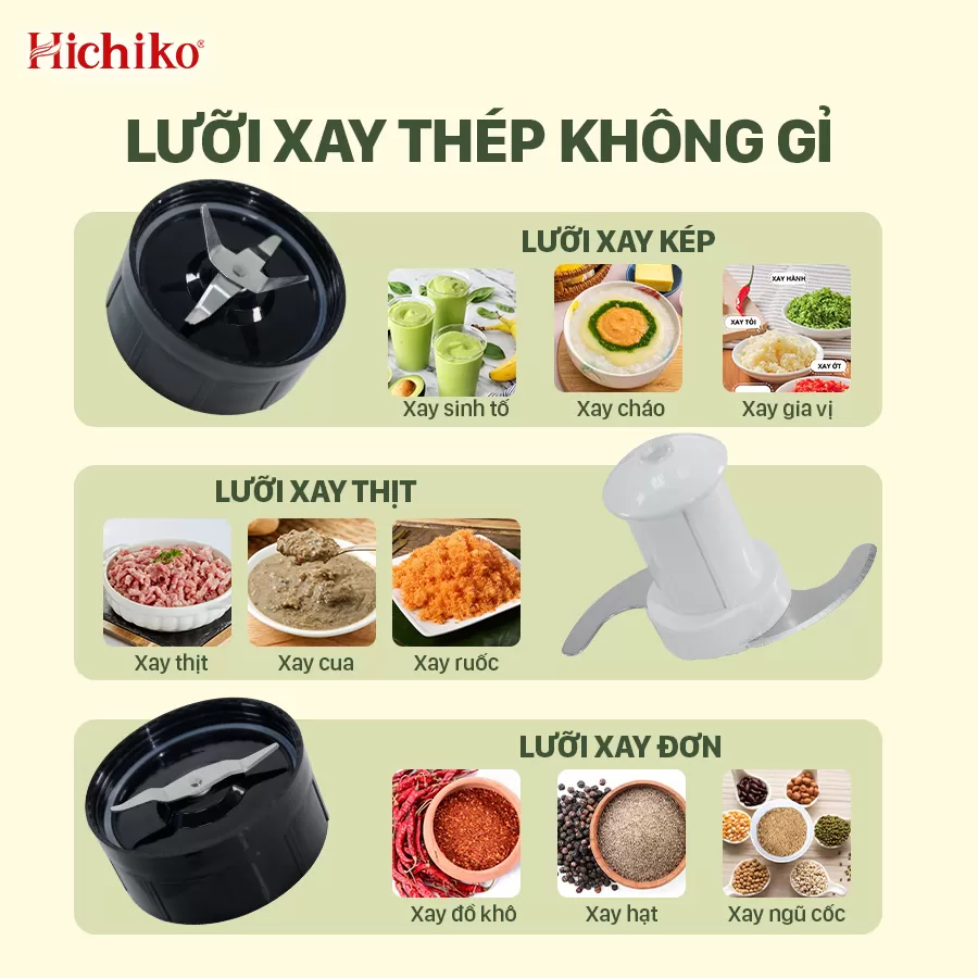 [Tặng kèm 1 cối xay] Máy Xay Sinh Tố đa năng 3 cối xay Hichiko HC3302R, lưỡi Inox xay cực nhuyễn