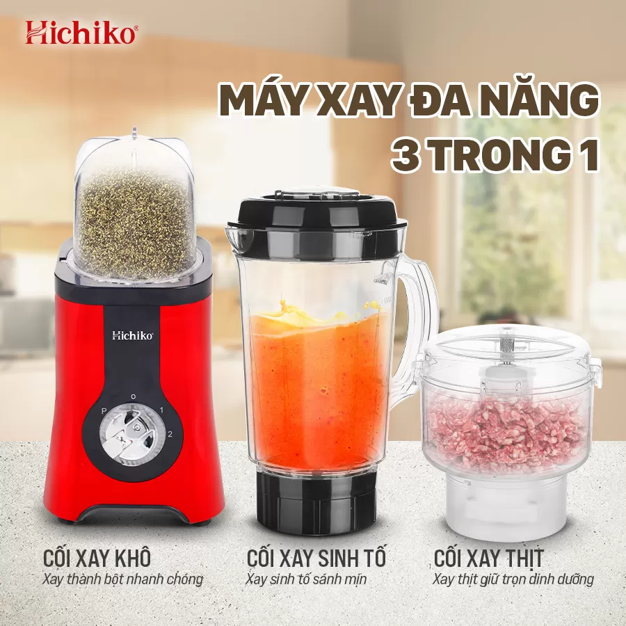 [Tặng kèm 1 cối xay] Máy Xay Sinh Tố đa năng 3 cối xay Hichiko HC3302R, lưỡi Inox xay cực nhuyễn