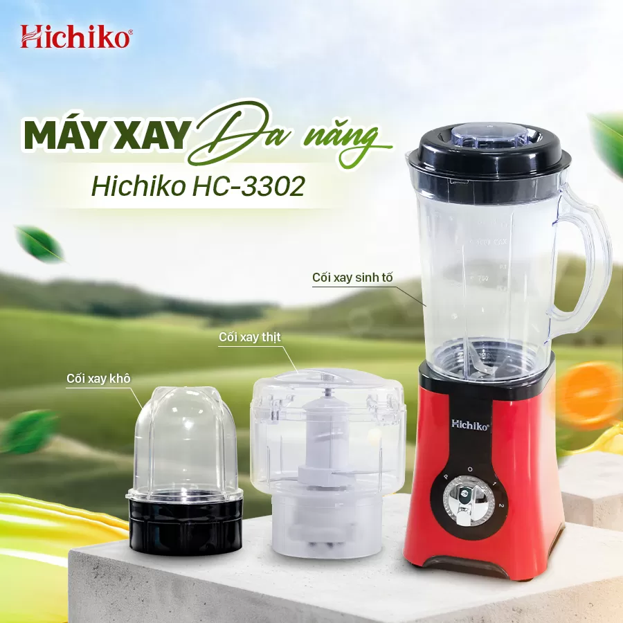 [Tặng kèm 1 cối xay] Máy Xay Sinh Tố đa năng 3 cối xay Hichiko HC3302R, lưỡi Inox xay cực nhuyễn