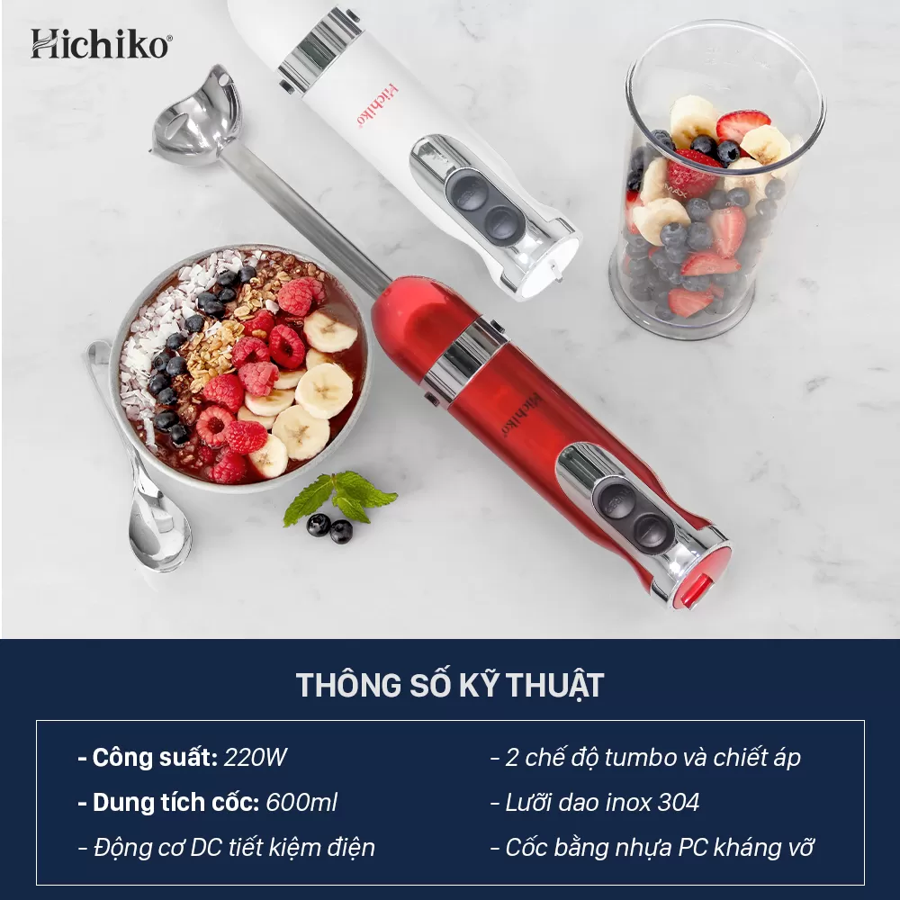 Sinh tố cầm tay Hichiko HC3401, Điều khiển bằng núm bấm, Tháo rời vệ sinh dễ dàng