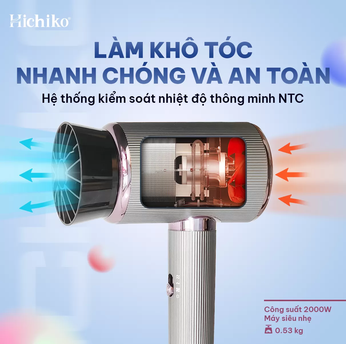Máy sấy tóc tăng cường ion âm bảo vệ tóc Hichiko HC-5510, Công suất lớn 2000W