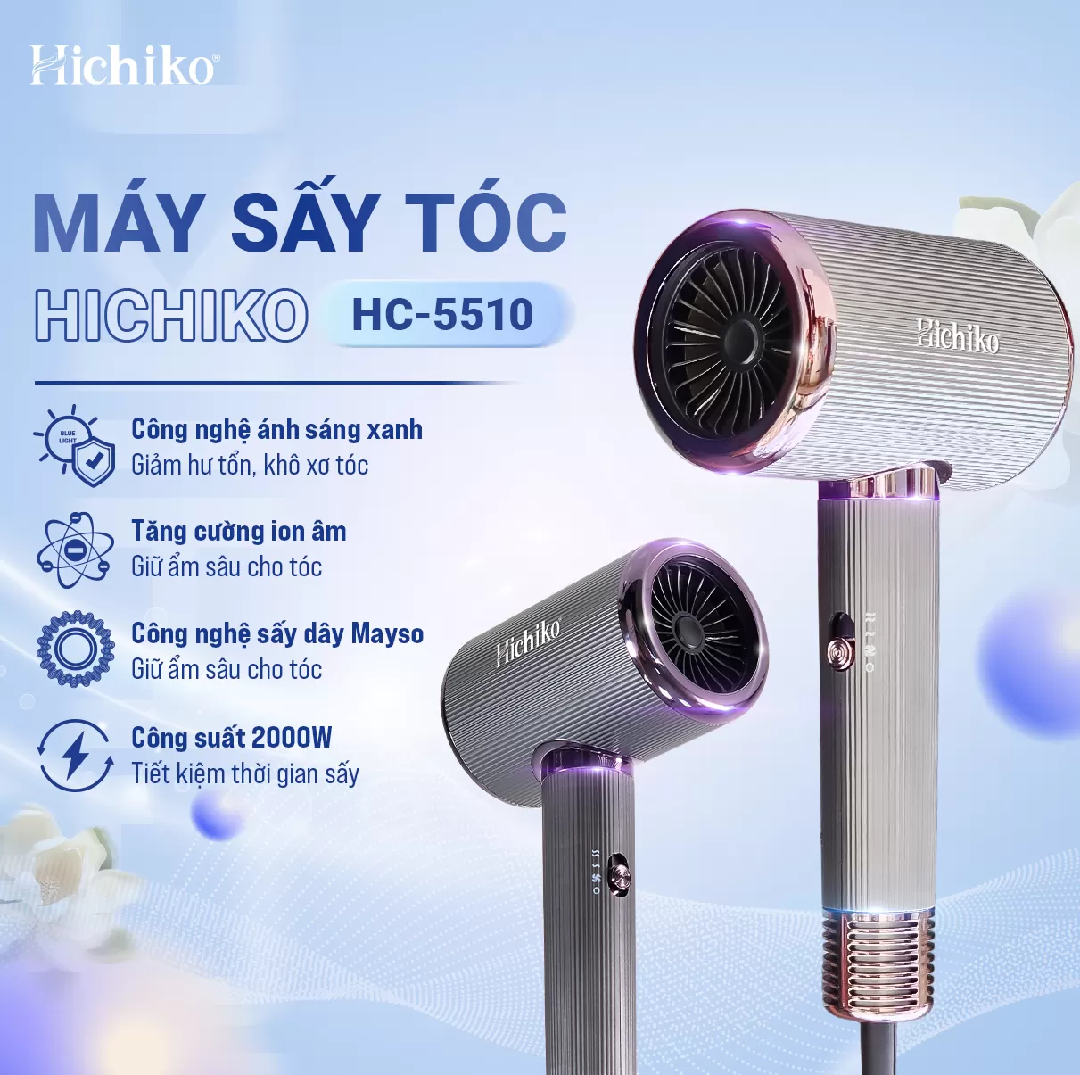 Máy sấy tóc tăng cường ion âm bảo vệ tóc Hichiko HC-5510, Công suất lớn 2000W
