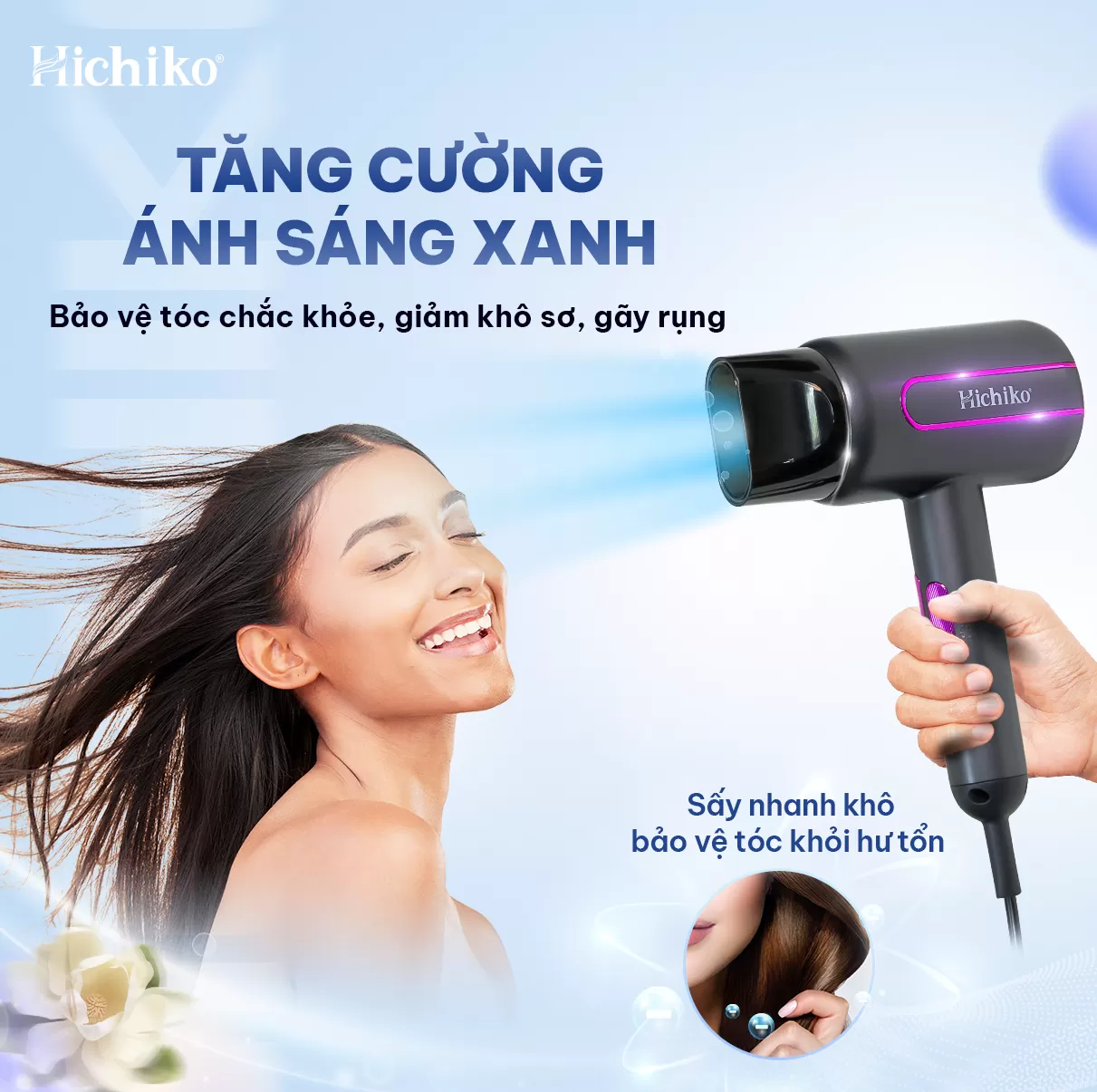 Máy sấy tóc Hichiko HC5510A/B cao cấp 2 chiều công suất lớn 2000W, có ion âm và ánh sáng xanh