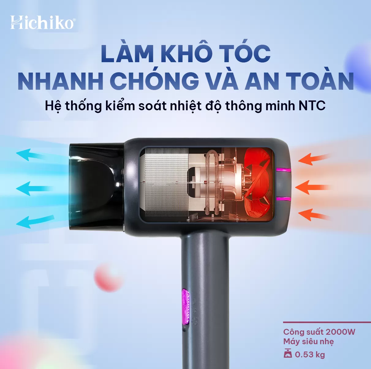 Máy sấy tóc Hichiko HC5510A/B cao cấp 2 chiều công suất lớn 2000W, có ion âm và ánh sáng xanh