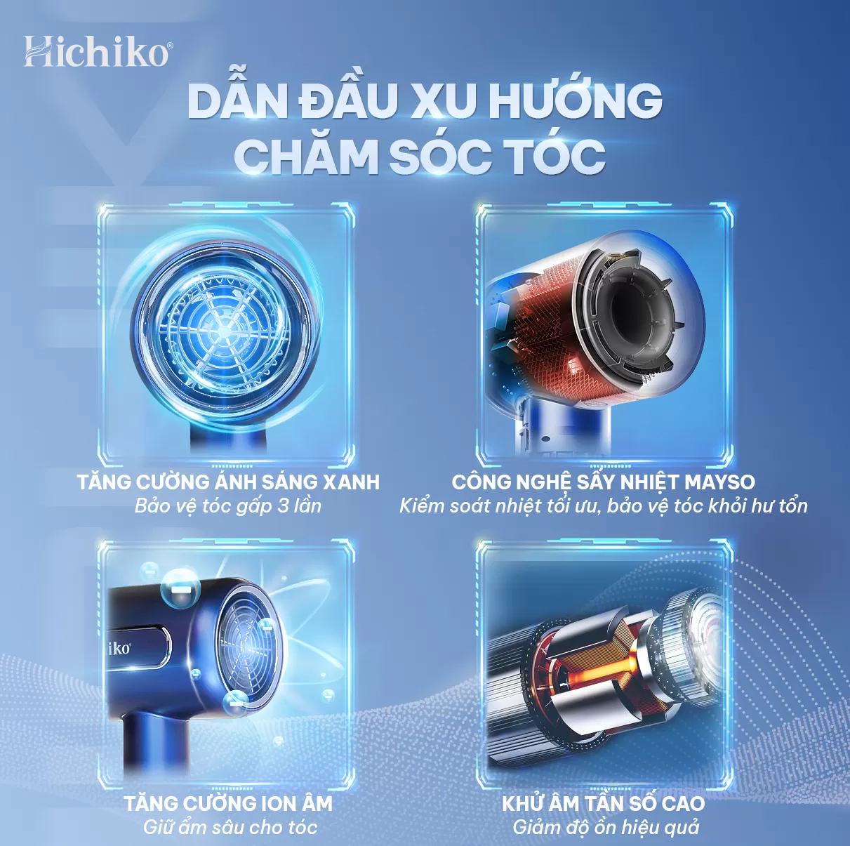 Máy sấy tóc Hichiko HC5510A/B cao cấp 2 chiều công suất lớn 2000W, có ion âm và ánh sáng xanh