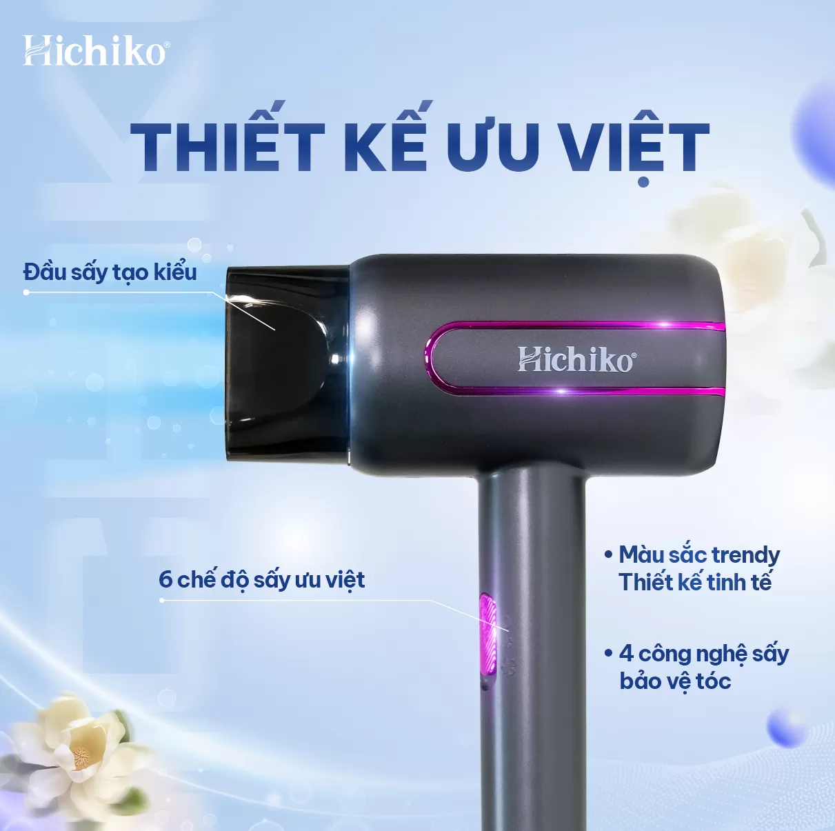 Máy sấy tóc Hichiko HC5510A/B cao cấp 2 chiều công suất lớn 2000W, có ion âm và ánh sáng xanh
