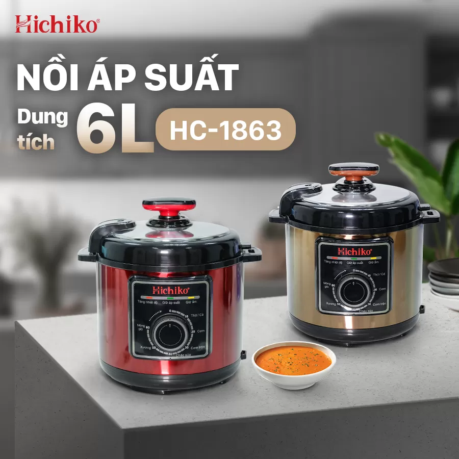 Nồi áp suất Hichiko 6L - HC 1863, siêu chống dính, van áp suất an toàn