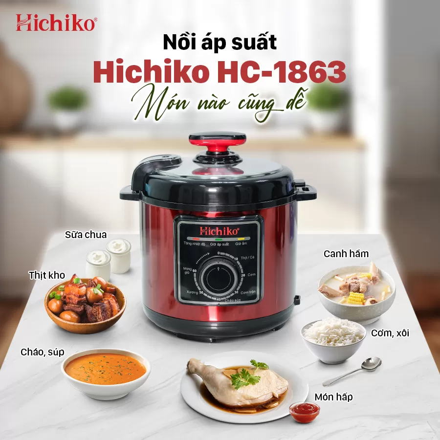 Nồi áp suất Hichiko 6L - HC 1863, siêu chống dính, van áp suất an toàn