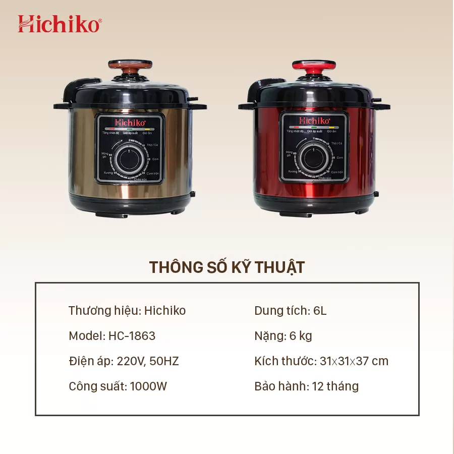Nồi áp suất Hichiko 6L - HC 1863, siêu chống dính, van áp suất an toàn
