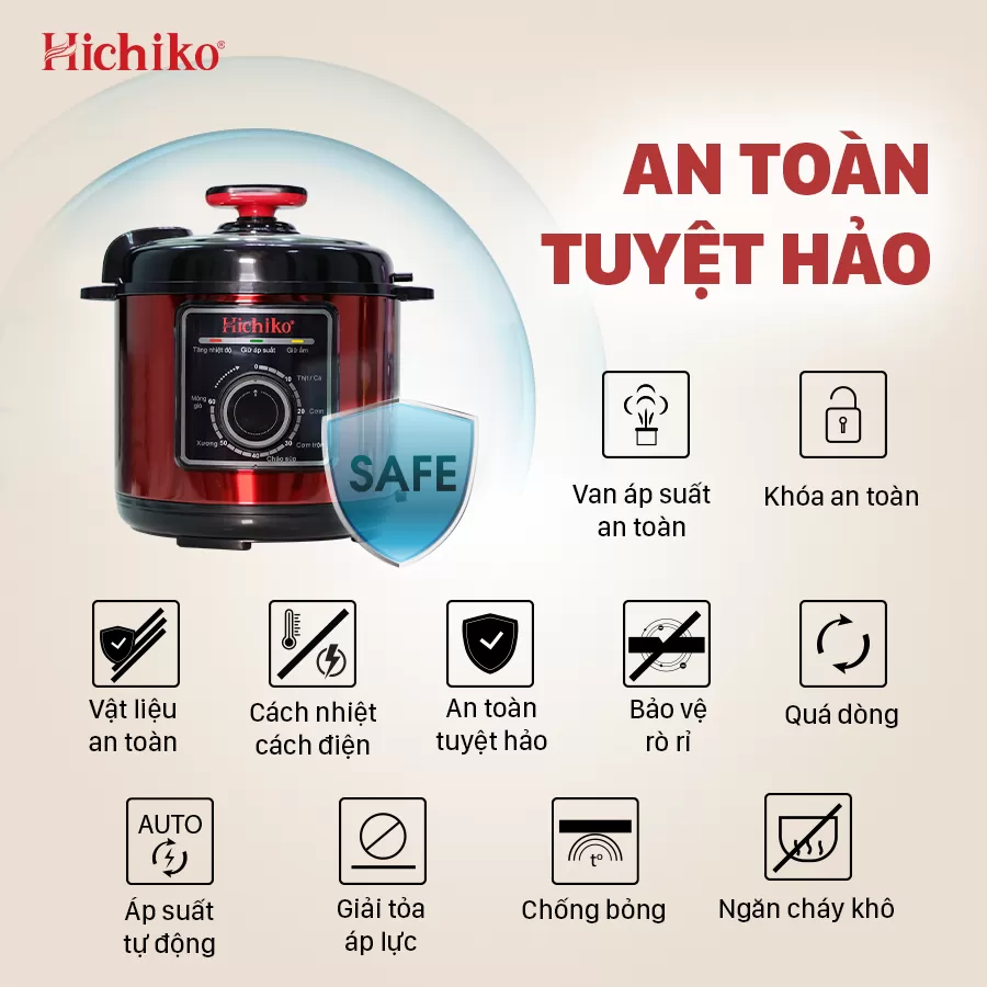Nồi áp suất Hichiko 6L - HC 1863, siêu chống dính, van áp suất an toàn