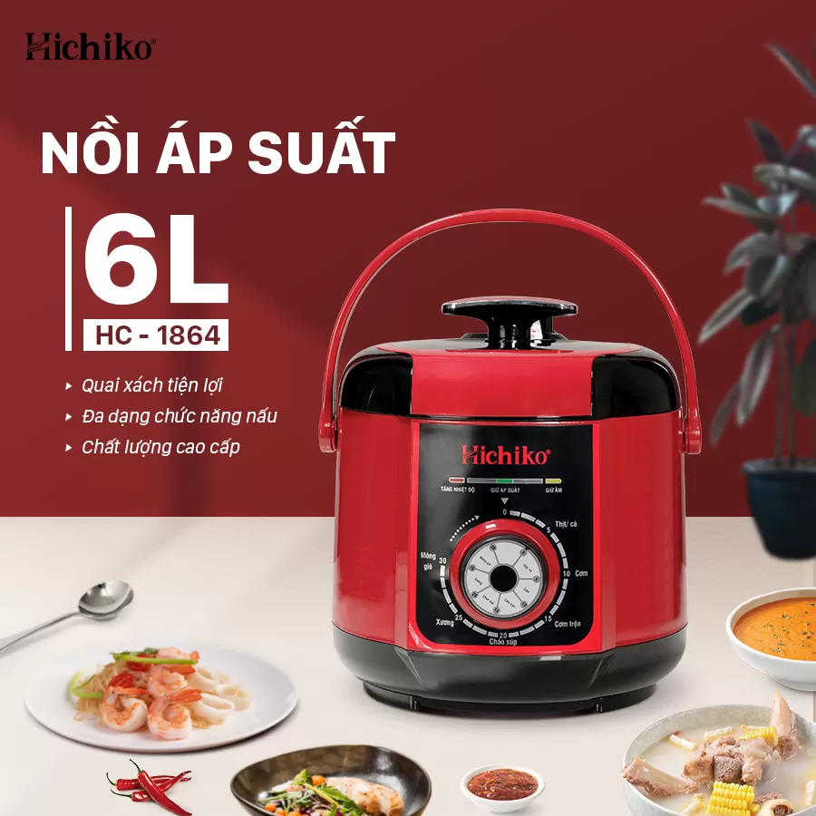 NỒI ÁP SUẤT 6L HICHIKO HC-1864 có quai xách, có nút bấm xả hơi, chốt an toàn cao cấp