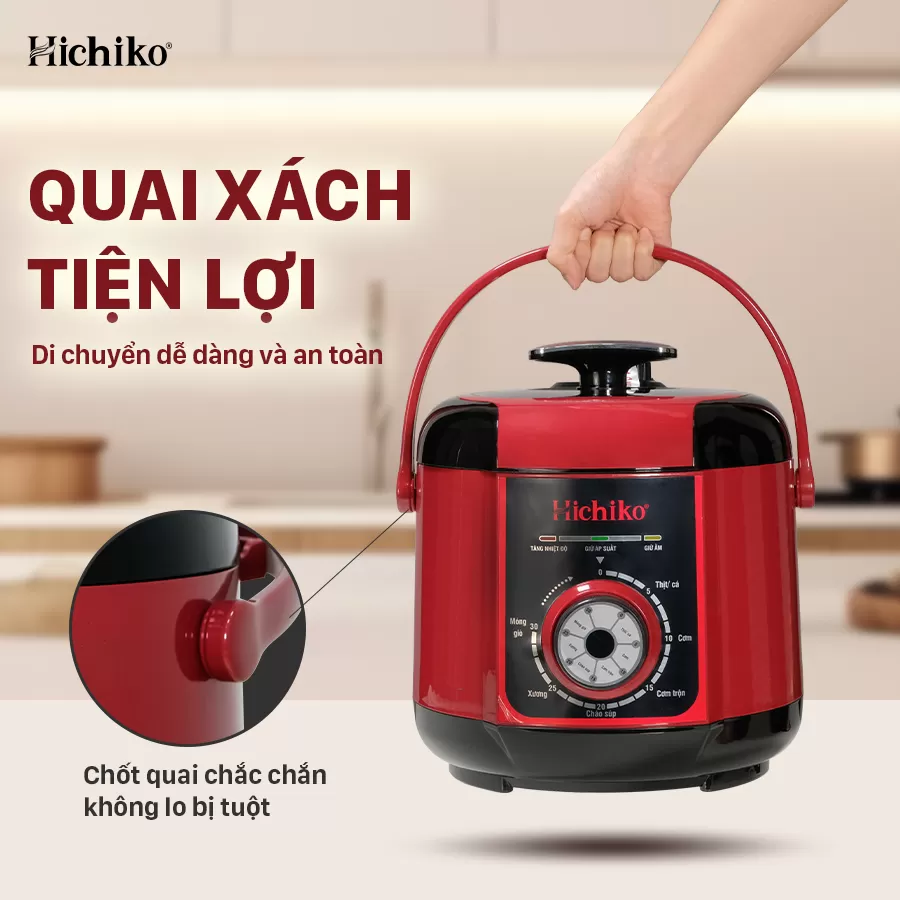 NỒI ÁP SUẤT 6L HICHIKO HC-1864 có quai xách, có nút bấm xả hơi, chốt an toàn cao cấp