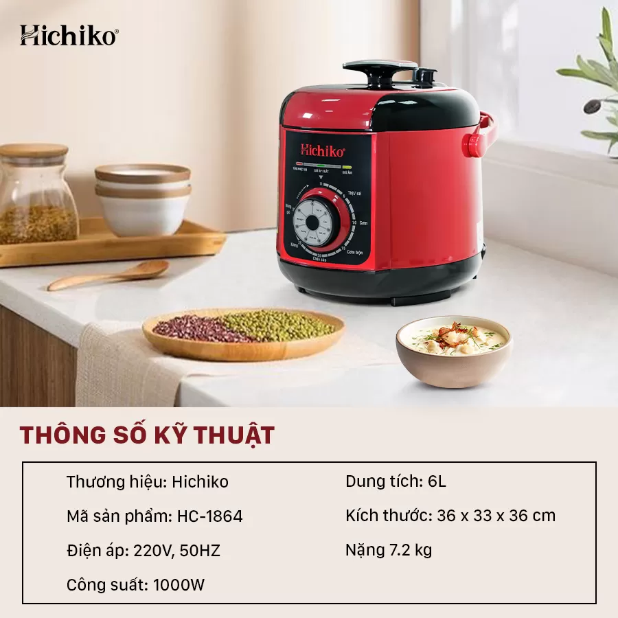 NỒI ÁP SUẤT 6L HICHIKO HC-1864 có quai xách, có nút bấm xả hơi, chốt an toàn cao cấp