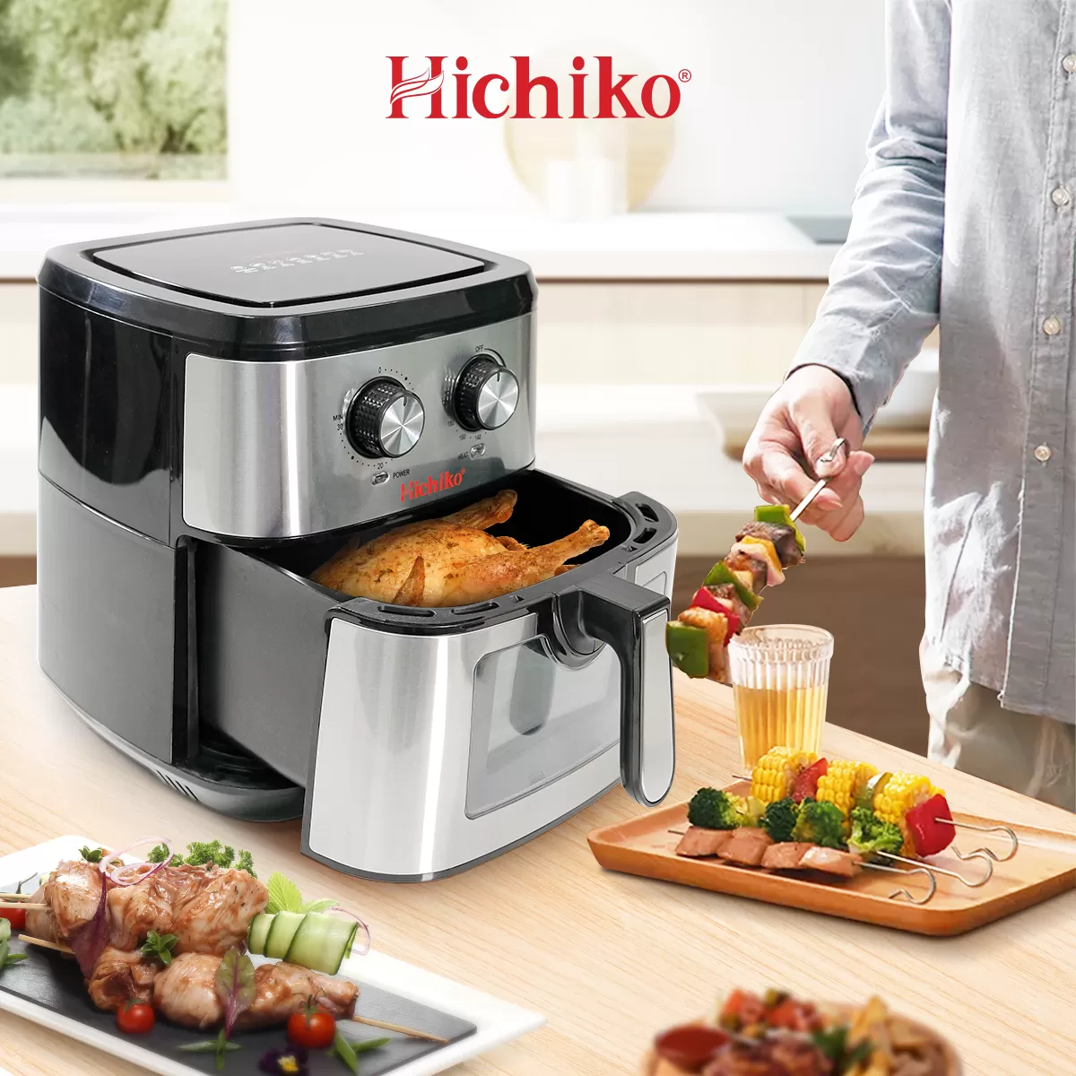 Nồi Chiên Không Dầu Hichiko 10L HC975B, nướng vừa con gà 3kg, công suất 1800W