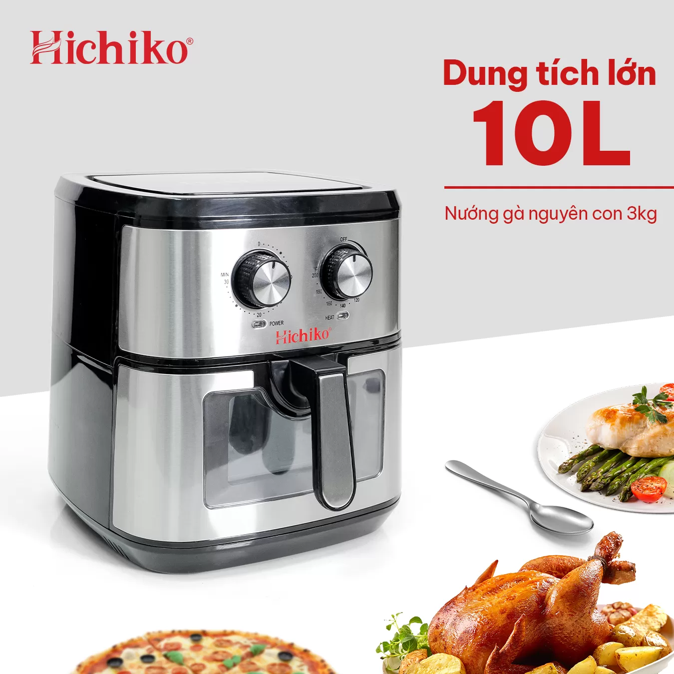 Nồi Chiên Không Dầu Hichiko 10L HC975B, nướng vừa con gà 3kg, công suất 1800W
