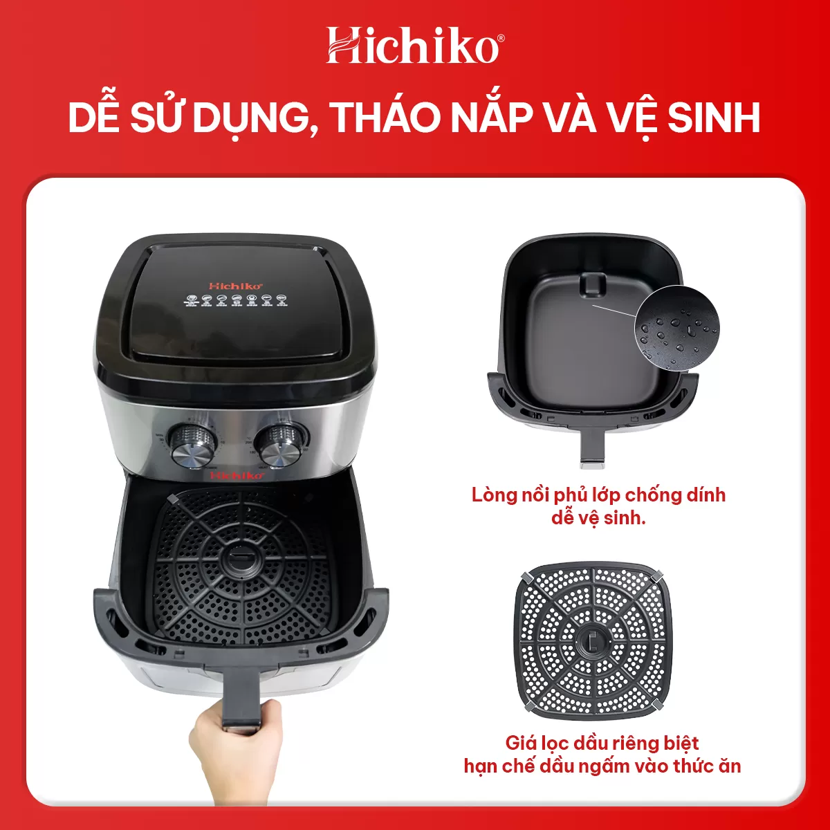 Nồi Chiên Không Dầu Hichiko 10L HC975B, nướng vừa con gà 3kg, công suất 1800W