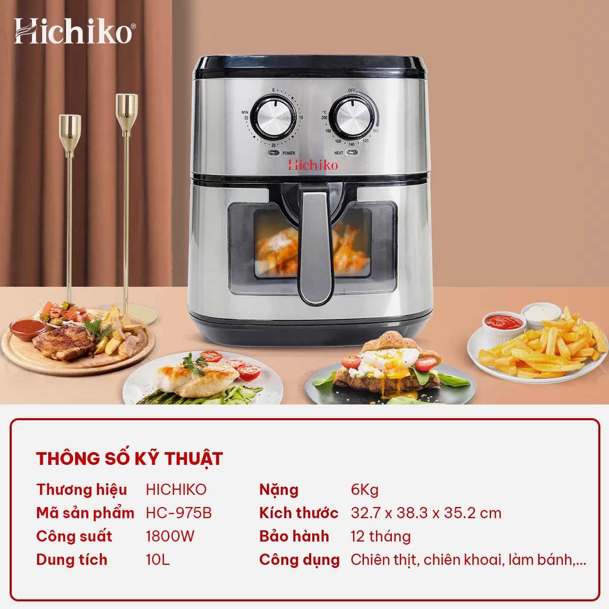 Nồi Chiên Không Dầu Hichiko 10L HC975B, nướng vừa con gà 3kg, công suất 1800W