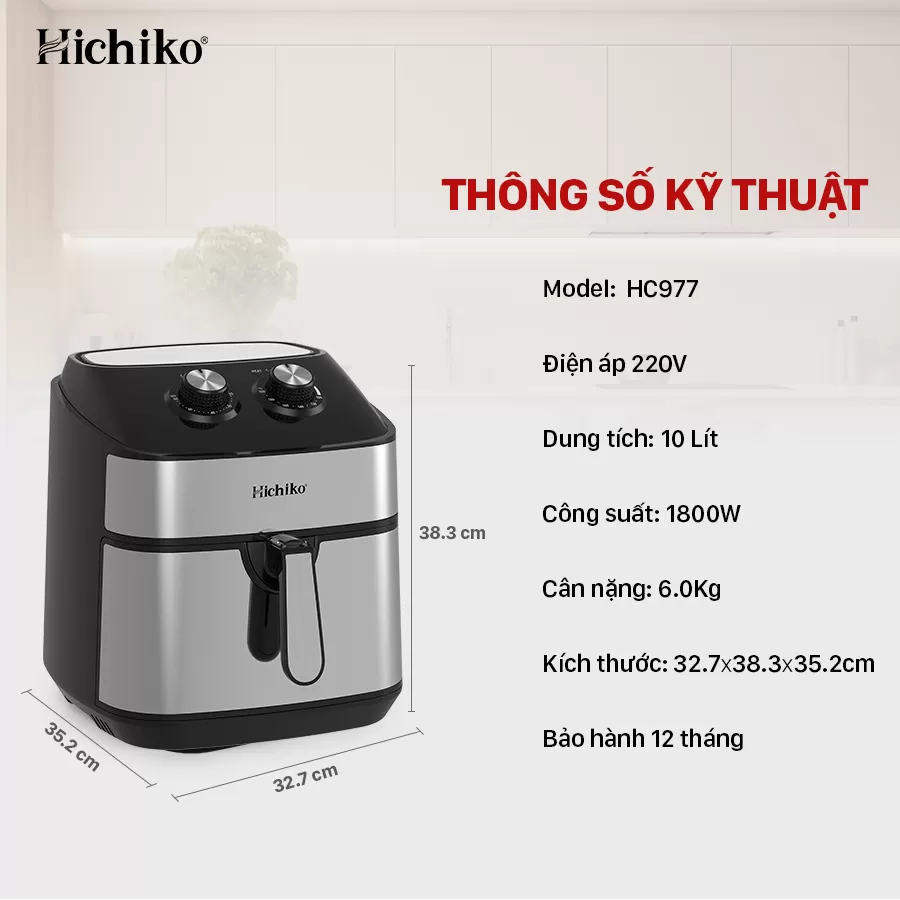Nồi chiên không dầu 10L Hichiko HC - 977, công suất 1800W, thay thế nhiều thiết bị gia đình